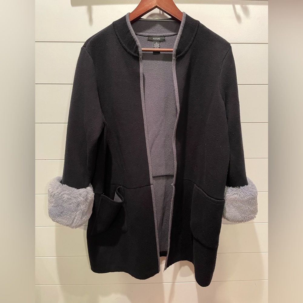 Alfani Long Open Sweater Jacket with Removable Faux Fur Cuffs Size L 31” length